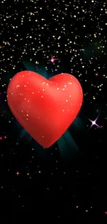 Glowing red heart with stars on a black background wallpaper.