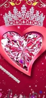 Dazzling heart with crown mobile wallpaper in red and pink hues.