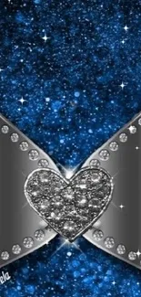 Sparkling heart with blue and silver design wallpaper.