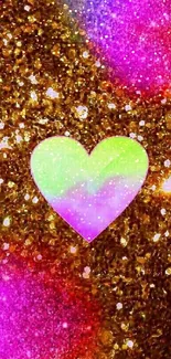 Neon heart on gold glitter background wallpaper.