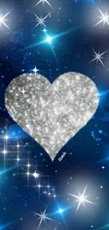 Sparkling heart with stars on a dark blue background.