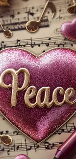 Pink glitter heart with 'Peace' on musical notes background.