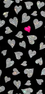 Mobile wallpaper featuring a sparkling heart pattern on a black background.