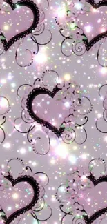 Mobile wallpaper with pink hearts and sparkling effects on a lavender background.