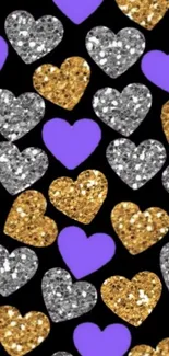 Vibrant hearts pattern wallpaper with glitter.