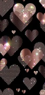 Mobile wallpaper with glittery hearts on black background.