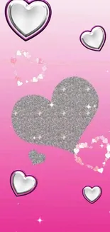 Sparkling pink wallpaper with glitter hearts.