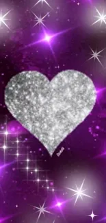 Sparkling heart on purple starry background wallpaper.