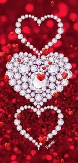 Red sparkling heart design wallpaper with diamond accents.