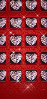 Red wallpaper with sparkling diamond hearts.