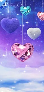 Vibrant crystal heart sky wallpaper with stars and purple hues.