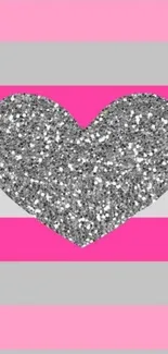 Mobile wallpaper with glittery silver heart and pink, gray stripes.