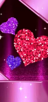 Sparkling pink and purple heart wallpaper with glitter effect.