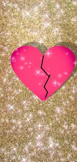 Gold glitter wallpaper with sparkling pink heart design.