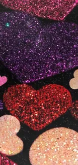 Colorful sparkling hearts wallpaper with glitter effect.