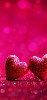 Glittery pink hearts on a vibrant sparkling background.