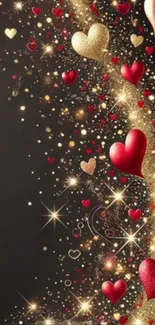 Mobile wallpaper with sparkling red and gold hearts on a dark background.