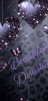 Mobile wallpaper with sparkling purple hearts and butterflies.