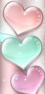 Mobile wallpaper with sparkling pastel hearts in a shimmery rose gold setting.