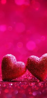 Two glittery hearts on pink background mobile wallpaper