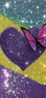 Purple heart with butterfly on glittering background.