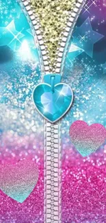 Sparkling gradient wallpaper with heart zipper and glitter.