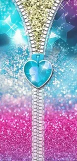 Sparkling heart zipper wallpaper with blue and pink glitter accents.