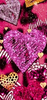 Glittering hearts mobile wallpaper with pink and gold accents.