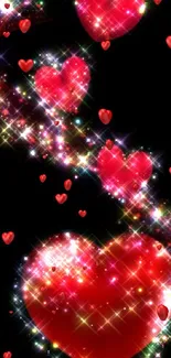 Sparkling red hearts on a dark background, glowing beautifully.