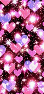 Sparkling pink and purple hearts with stars on a black background.