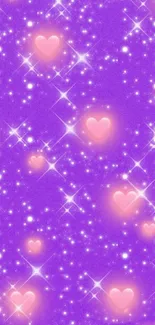 Purple wallpaper with sparkling hearts and stars.