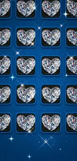 Dazzling wallpaper with sparkling heart designs on a blue background.