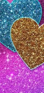 Sparkling hearts with glitter in blue and gold on a purple background.