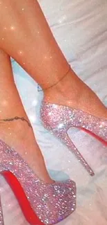 Sparkling high heels on a vibrant pink bed.