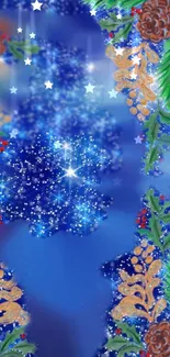 Festive blue wallpaper with sparkles, stars, and holiday foliage.