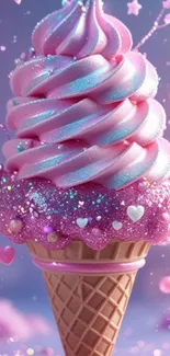 A sparkling pink ice cream cone with glitter.