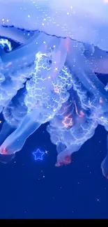 A glowing, sparkling jellyfish on a blue background.