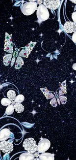 Jewel butterflies and floral design on starry background wallpaper.