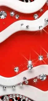 Red wallpaper with white wavy lines and sparkling jewels.