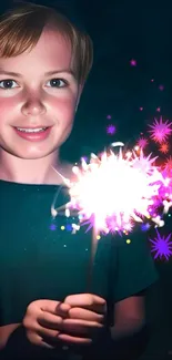 Child holds vibrant sparkler at night in a joyful, colorful scene.