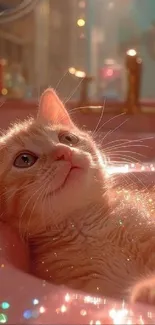 Cute kitten in a sparkling, dreamy bath setting.