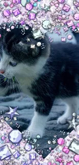 Playful kitten surrounded by colorful gemstones on a cobblestone path.