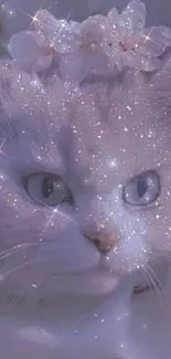 Enchanting white cat with glitter on lavender background.