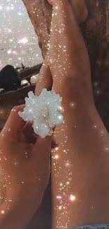 Sparkling effect on legs with flower in hand.