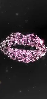 Mobile wallpaper with sparkling pink lips on black background.