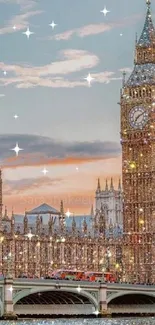 Sparkling Big Ben and London skyline at sunset with shimmering waters.