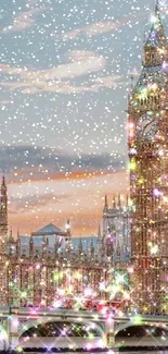 Sparkling view of London's iconic tower with a glittering skyline.