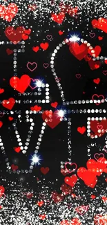 Romantic black wallpaper with red hearts and sparkling love design.