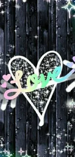 Sparkling heart design with love text on starry background.