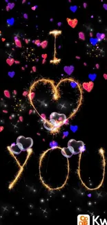 Sparkling 'I Love You' text with colorful hearts on black background.